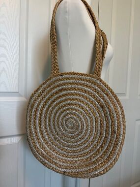 Magid Silver and Tan Round Woven Jute Shoulder Bag Tote retro Boho beach bag🌸